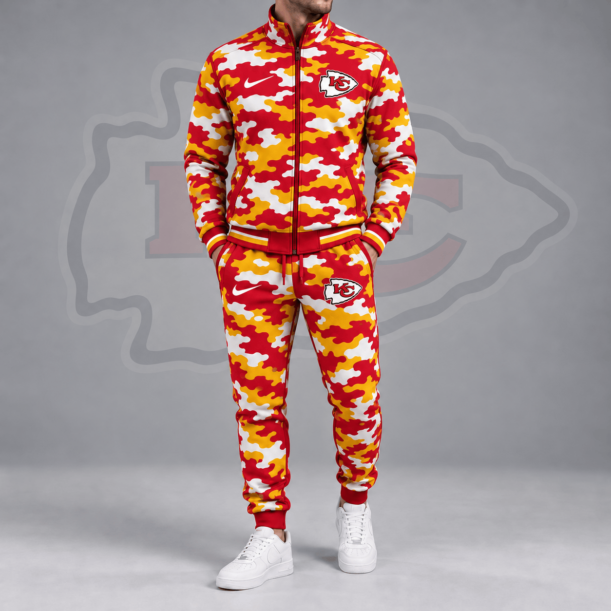 Kansas City Chiefs | Premium NFL All Over Camo Print Stand Collar Zip Up Jacket & Slim Fit Jogger Pants Tracksuit Set NDN cover