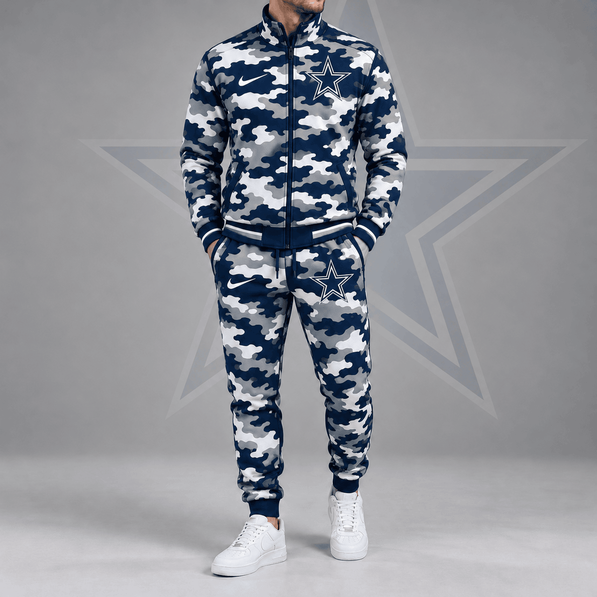 Dallas Cowboys | Premium NFL All Over Camo Print Stand Collar Zip Up Jacket & Slim Fit Jogger Pants Tracksuit Set NDN cover