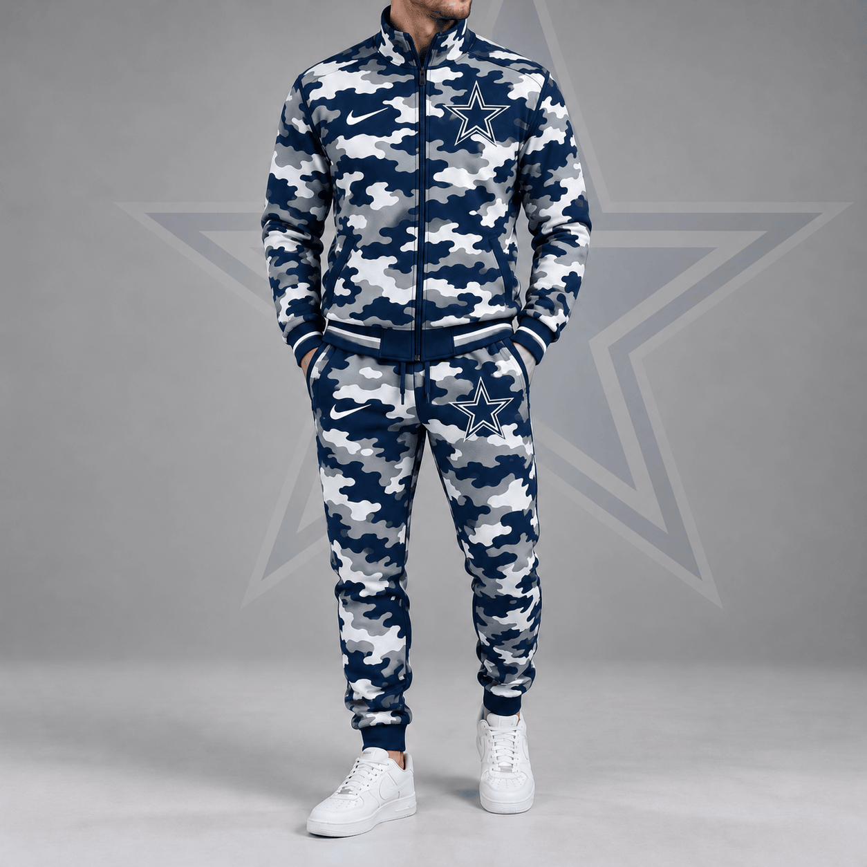 Dallas Cowboys | Premium NFL All Over Camo Print Stand Collar Zip Up Jacket & Slim Fit Jogger Pants Tracksuit Set NDN cover