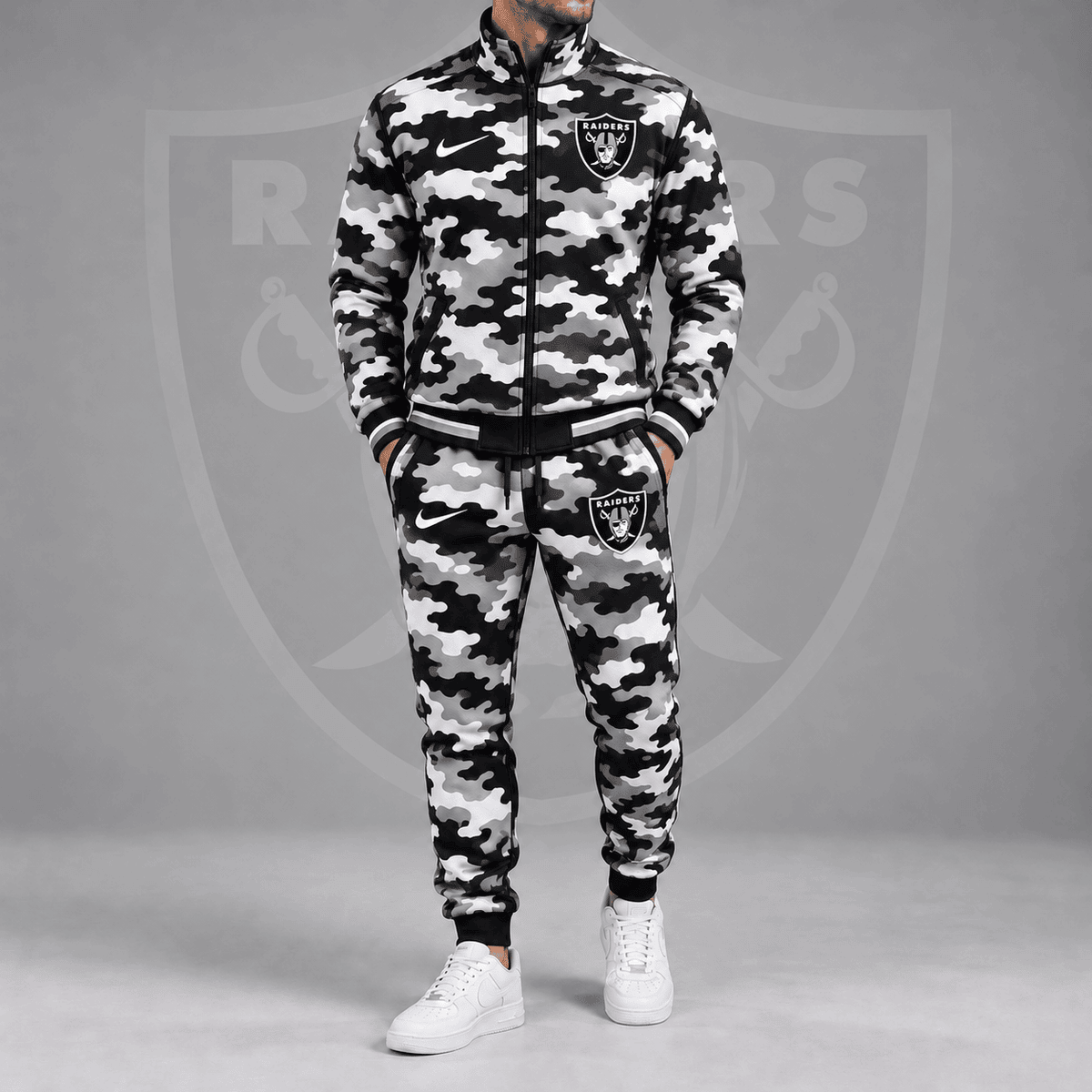 Las Vegas Raiders | Premium NFL All Over Camo Print Stand Collar Zip Up Jacket & Slim Fit Jogger Pants Tracksuit Set NDN cover