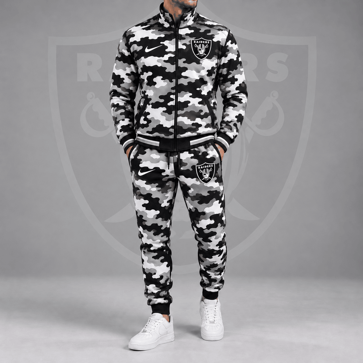 Las Vegas Raiders | Premium NFL All Over Camo Print Stand Collar Zip Up Jacket & Slim Fit Jogger Pants Tracksuit Set NDN cover