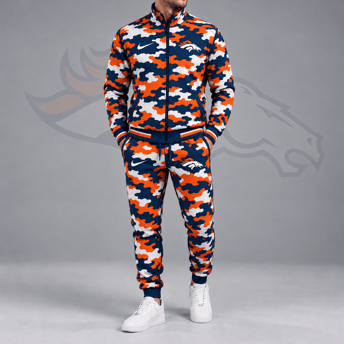 Denver Broncos | Premium NFL All Over Camo Print Stand Collar Zip Up Jacket & Slim Fit Jogger Pants Tracksuit Set NDN cover