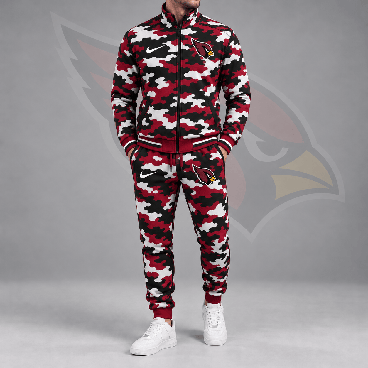 Arizona Cardinals | Premium NFL All Over Camo Print Stand Collar Zip Up Jacket & Slim Fit Jogger Pants Tracksuit Set NDN cover