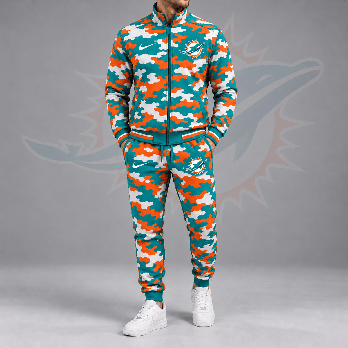 Miami Dolphins | Premium NFL All Over Camo Print Stand Collar Zip Up Jacket & Slim Fit Jogger Pants Tracksuit Set NDN cover