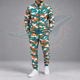 Miami Dolphins | Premium NFL All Over Camo Print Stand Collar Zip Up Jacket & Slim Fit Jogger Pants Tracksuit Set NDN cover
