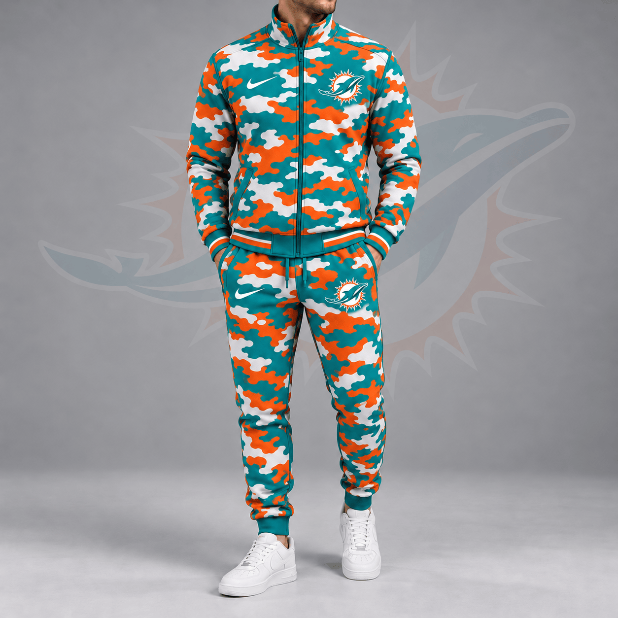 Miami Dolphins | Premium NFL All Over Camo Print Stand Collar Zip Up Jacket & Slim Fit Jogger Pants Tracksuit Set NDN cover