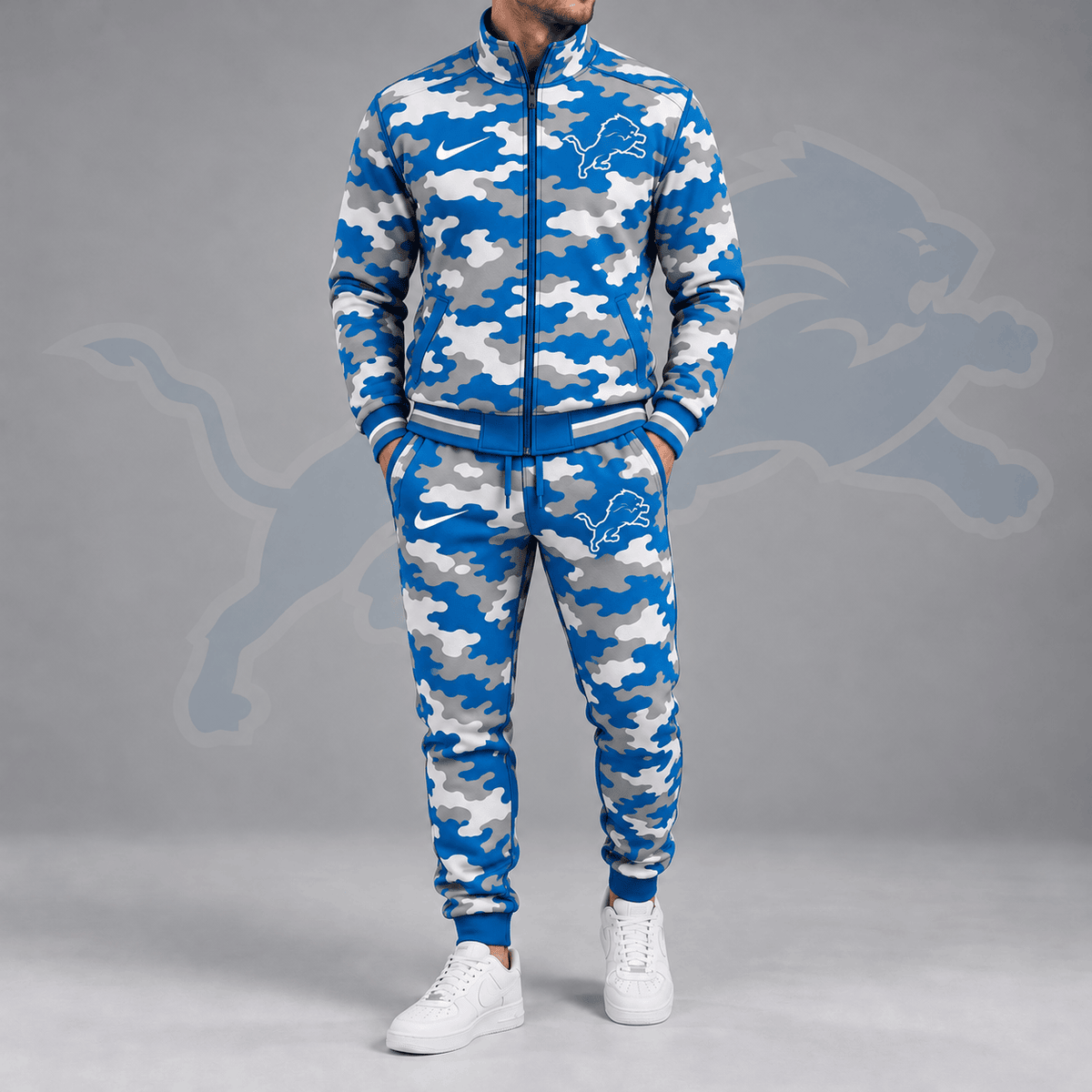 Detroit Lions | Premium NFL All Over Camo Print Stand Collar Zip Up Jacket & Slim Fit Jogger Pants Tracksuit Set NDN cover