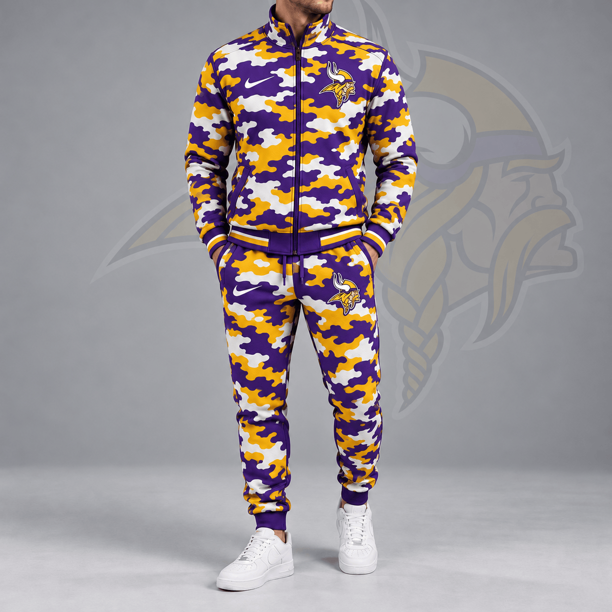 Minnesota Vikings | Premium NFL All Over Camo Print Stand Collar Zip Up Jacket & Slim Fit Jogger Pants Tracksuit Set NDN cover