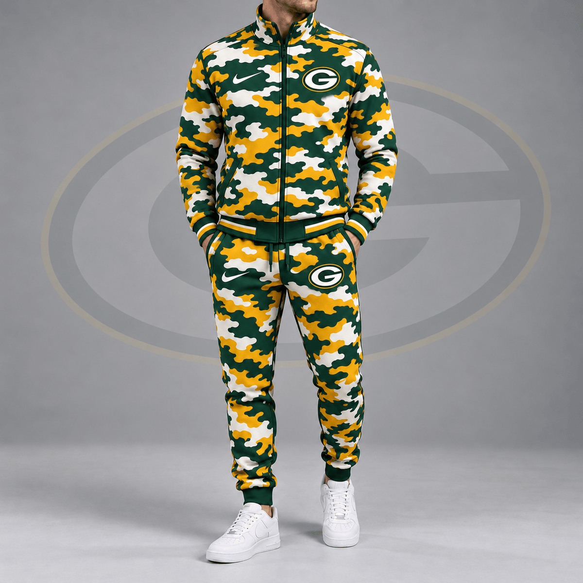 Green Bay Packers | Premium NFL All Over Camo Print Stand Collar Zip Up Jacket & Slim Fit Jogger Pants Tracksuit Set NDN cover