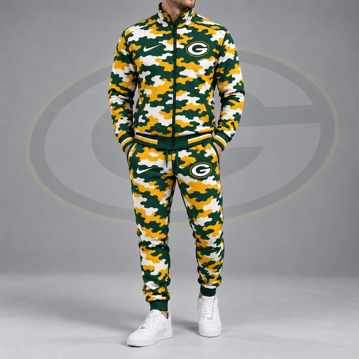 Green Bay Packers | Premium NFL All Over Camo Print Stand Collar Zip Up Jacket & Slim Fit Jogger Pants Tracksuit Set NDN cover