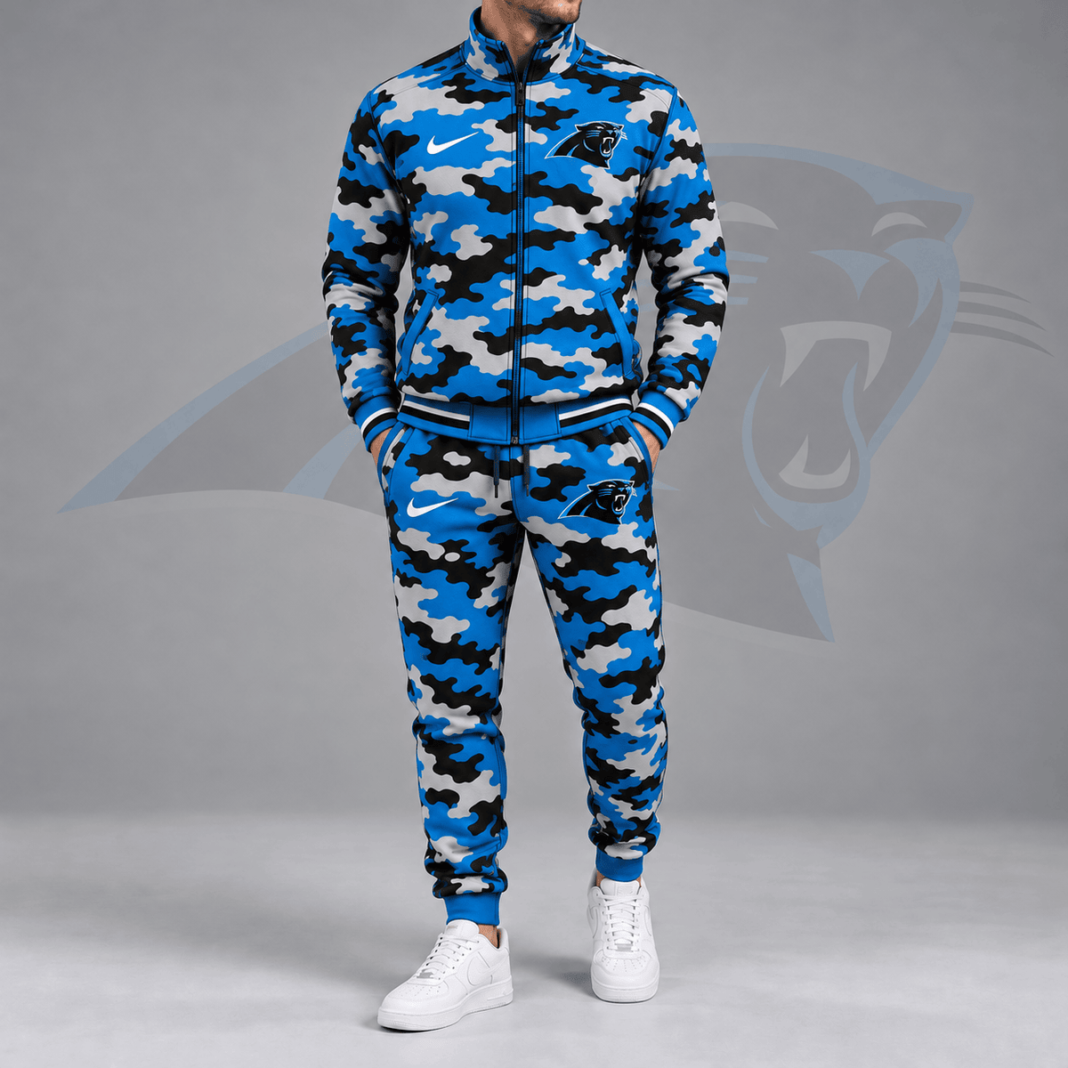 Carolina Panthers | Premium NFL All Over Camo Print Stand Collar Zip Up Jacket & Slim Fit Jogger Pants Tracksuit Set NDN cover