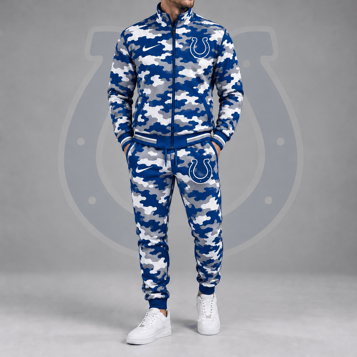 Indianapolis Colts | Premium NFL All Over Camo Print Stand Collar Zip Up Jacket & Slim Fit Jogger Pants Tracksuit Set NDN cover