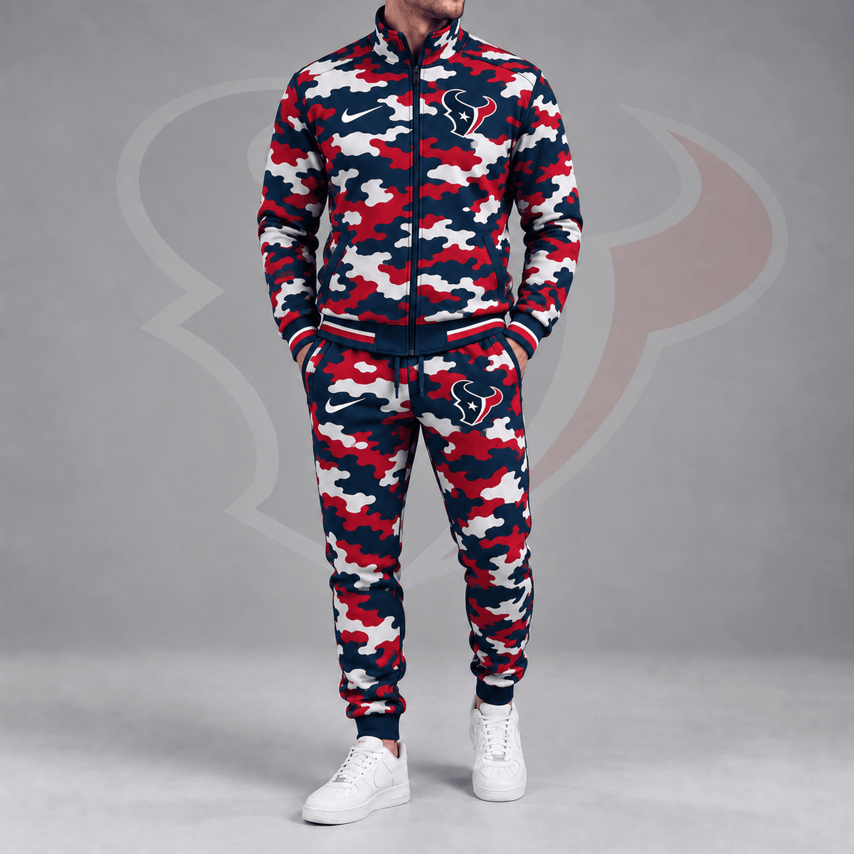 Houston Texans | Premium NFL All Over Camo Print Stand Collar Zip Up Jacket & Slim Fit Jogger Pants Tracksuit Set NDN cover