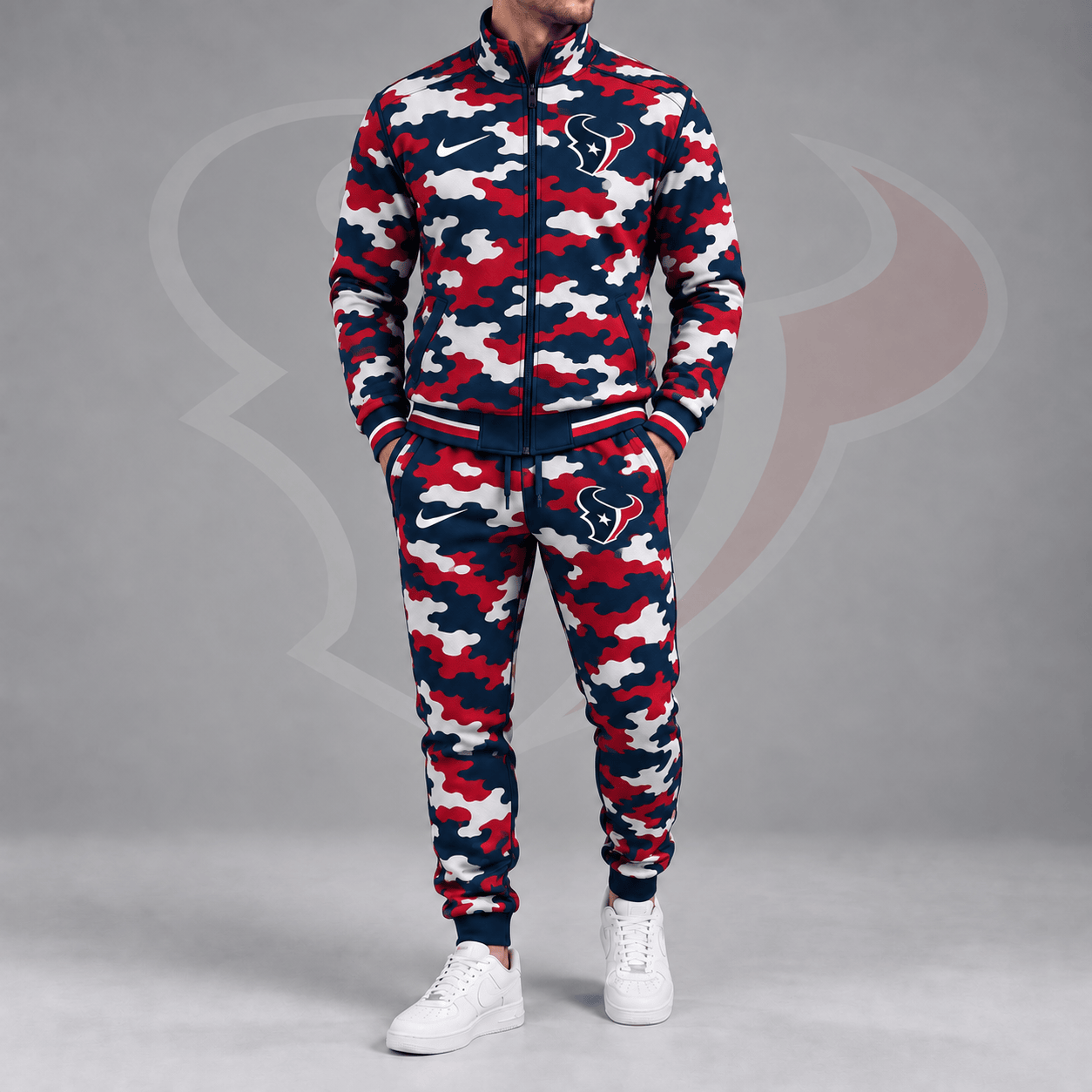 Houston Texans | Premium NFL All Over Camo Print Stand Collar Zip Up Jacket & Slim Fit Jogger Pants Tracksuit Set NDN cover