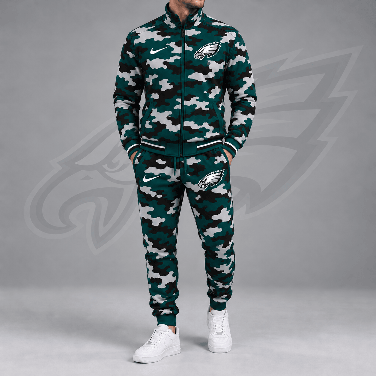 Philadelphia Eagles | Premium NFL All Over Camo Print Stand Collar Zip Up Jacket & Slim Fit Jogger Pants Tracksuit Set NDN cover
