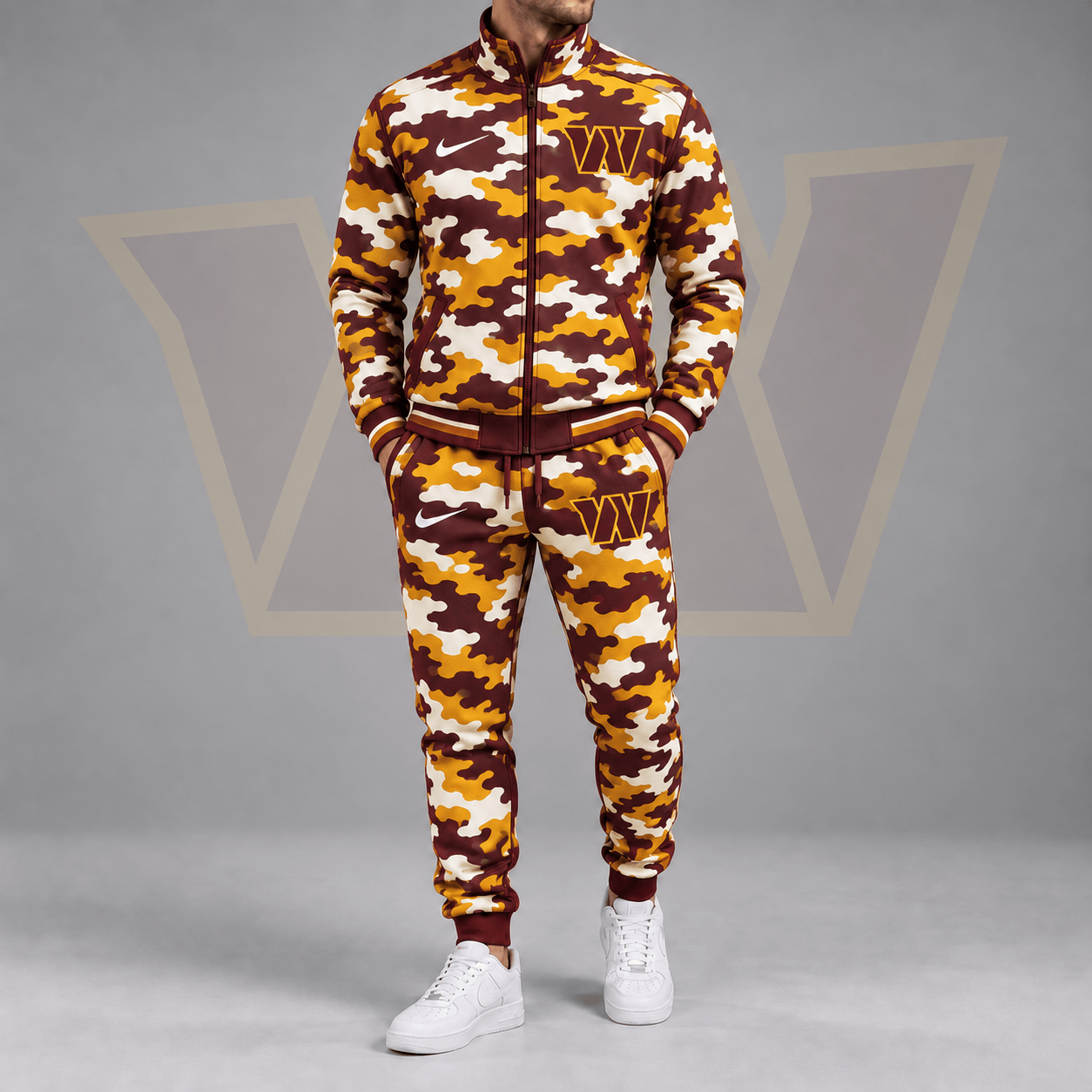 Washington Commanders | Premium NFL All Over Camo Print Stand Collar Zip Up Jacket & Slim Fit Jogger Pants Tracksuit Set NDN cover