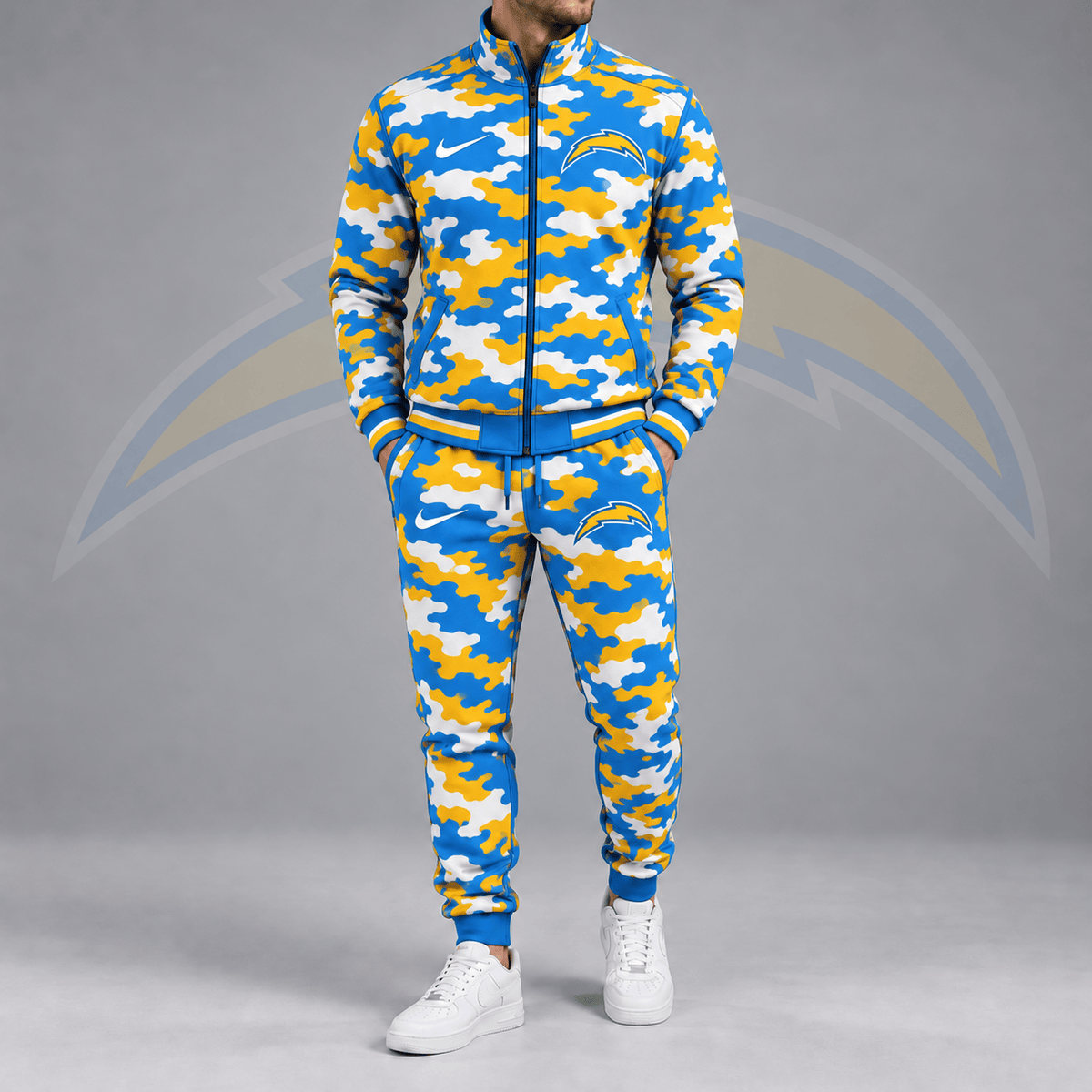 Los Angeles Chargers | Premium NFL All Over Camo Print Stand Collar Zip Up Jacket & Slim Fit Jogger Pants Tracksuit Set NDN cover