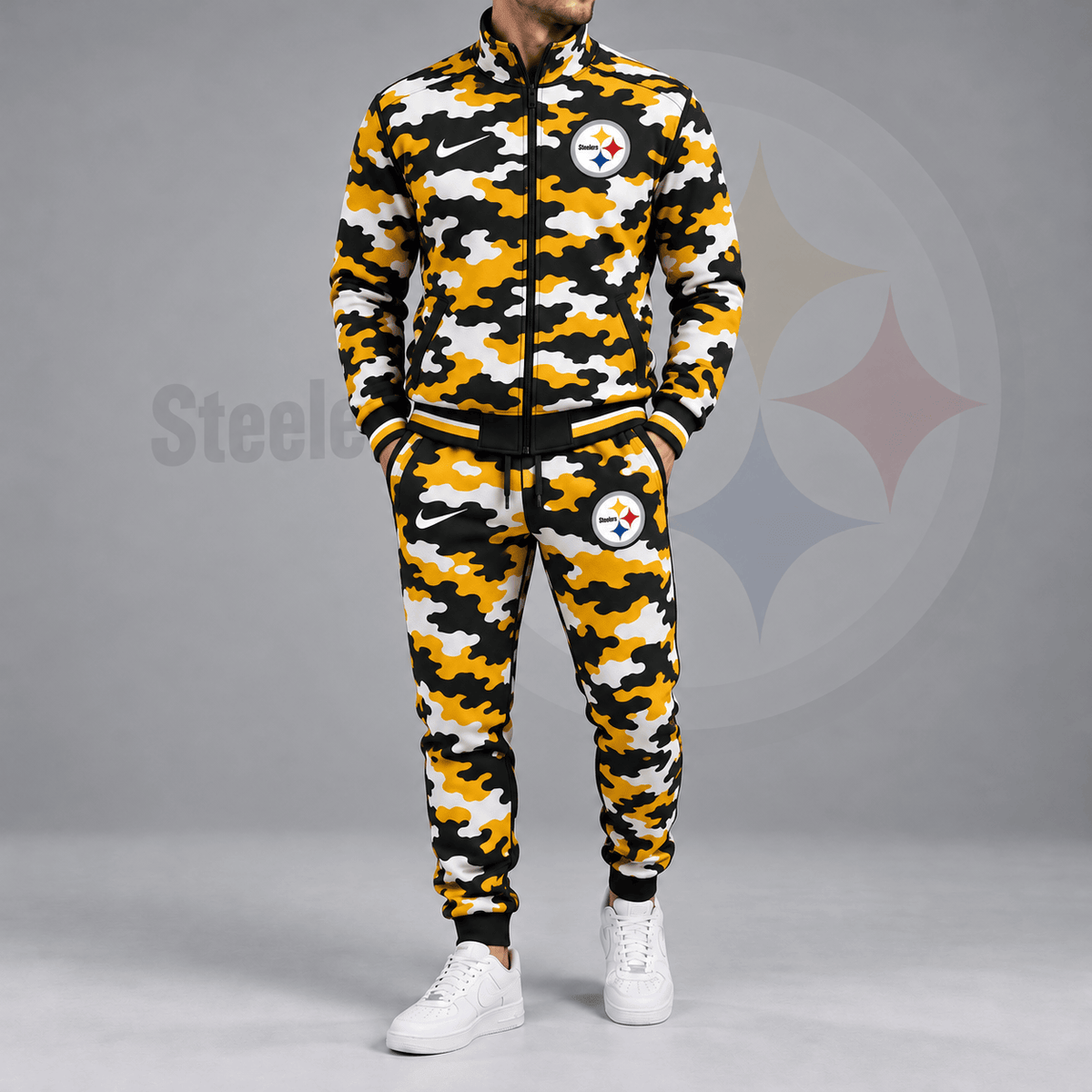 Pittsburgh Steelers | Premium NFL All Over Camo Print Stand Collar Zip Up Jacket & Slim Fit Jogger Pants Tracksuit Set NDN cover