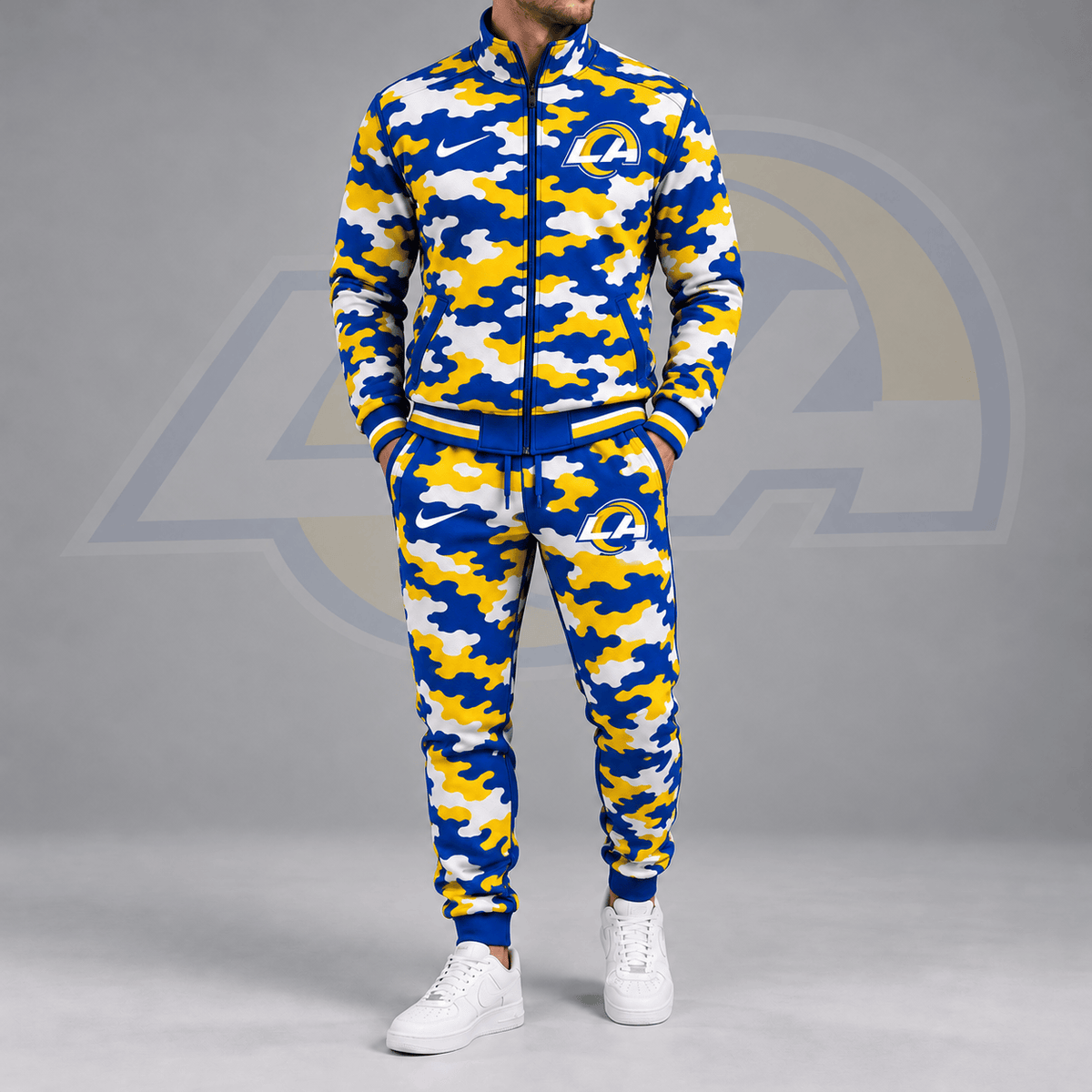 Los Angeles Rams | Premium NFL All Over Camo Print Stand Collar Zip Up Jacket & Slim Fit Jogger Pants Tracksuit Set NDN cover