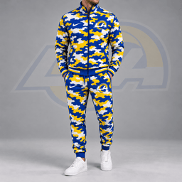 Los Angeles Rams | Premium NFL All Over Camo Print Stand Collar Zip Up Jacket & Slim Fit Jogger Pants Tracksuit Set NDN cover