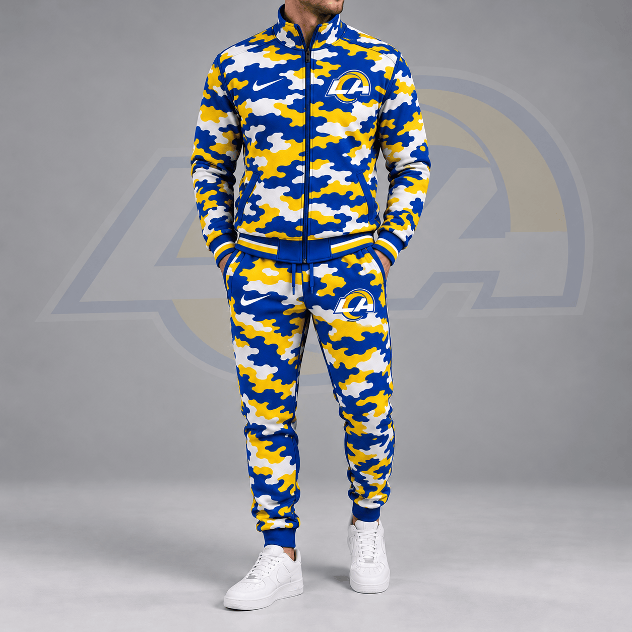 Los Angeles Rams | Premium NFL All Over Camo Print Stand Collar Zip Up Jacket & Slim Fit Jogger Pants Tracksuit Set NDN cover