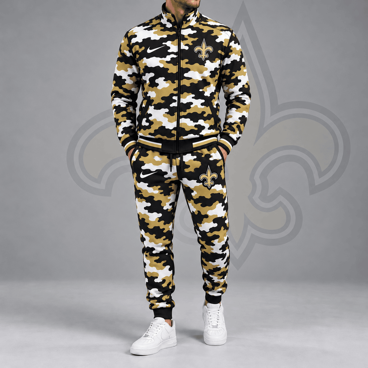 New Orleans Saints | Premium NFL All Over Camo Print Stand Collar Zip Up Jacket & Slim Fit Jogger Pants Tracksuit Set NDN cover