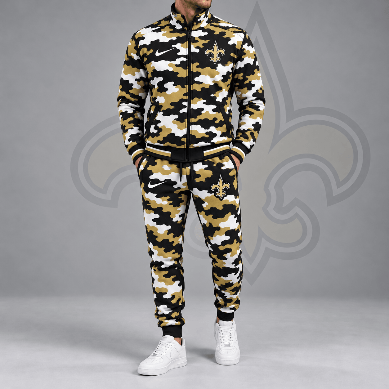 New Orleans Saints | Premium NFL All Over Camo Print Stand Collar Zip Up Jacket & Slim Fit Jogger Pants Tracksuit Set NDN cover