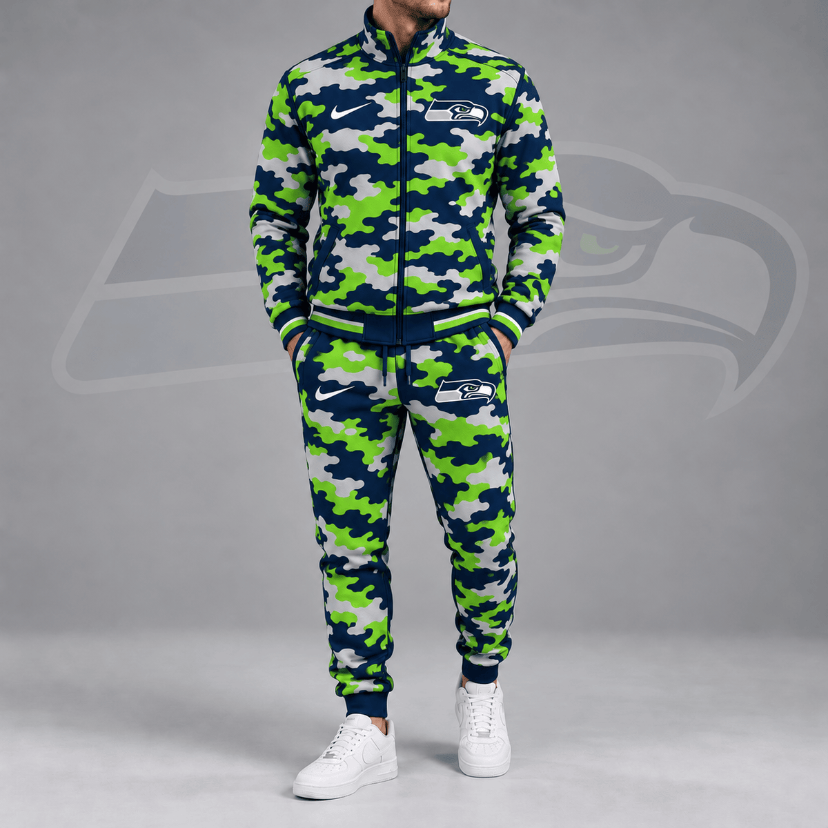 Seattle Seahawks | Premium NFL All Over Camo Print Stand Collar Zip Up Jacket & Slim Fit Jogger Pants Tracksuit Set NDN cover