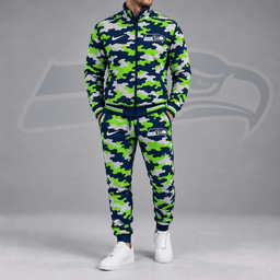 Seattle Seahawks | Premium NFL All Over Camo Print Stand Collar Zip Up Jacket & Slim Fit Jogger Pants Tracksuit Set NDN cover