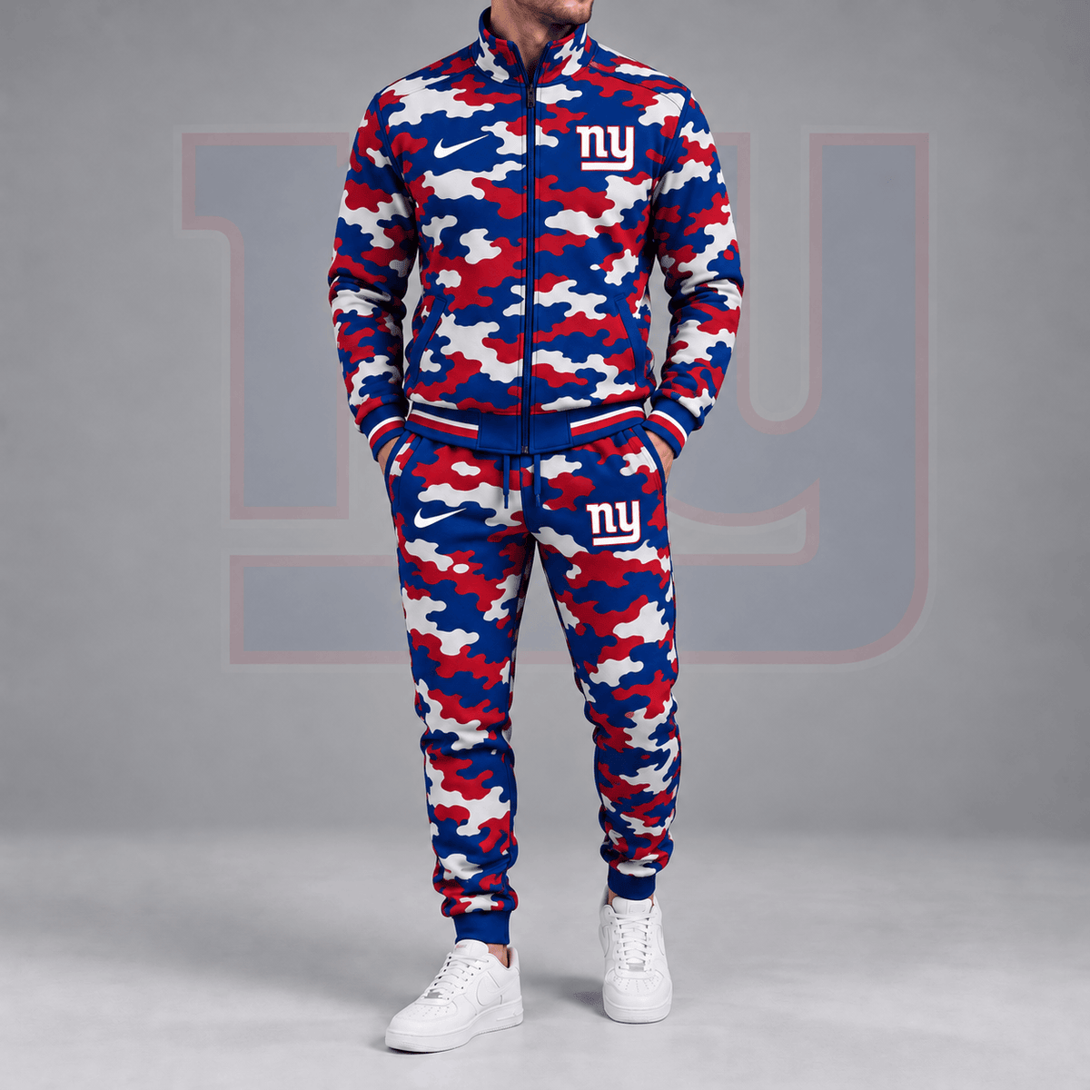 New York Giants | Premium NFL All Over Camo Print Stand Collar Zip Up Jacket & Slim Fit Jogger Pants Tracksuit Set NDN cover