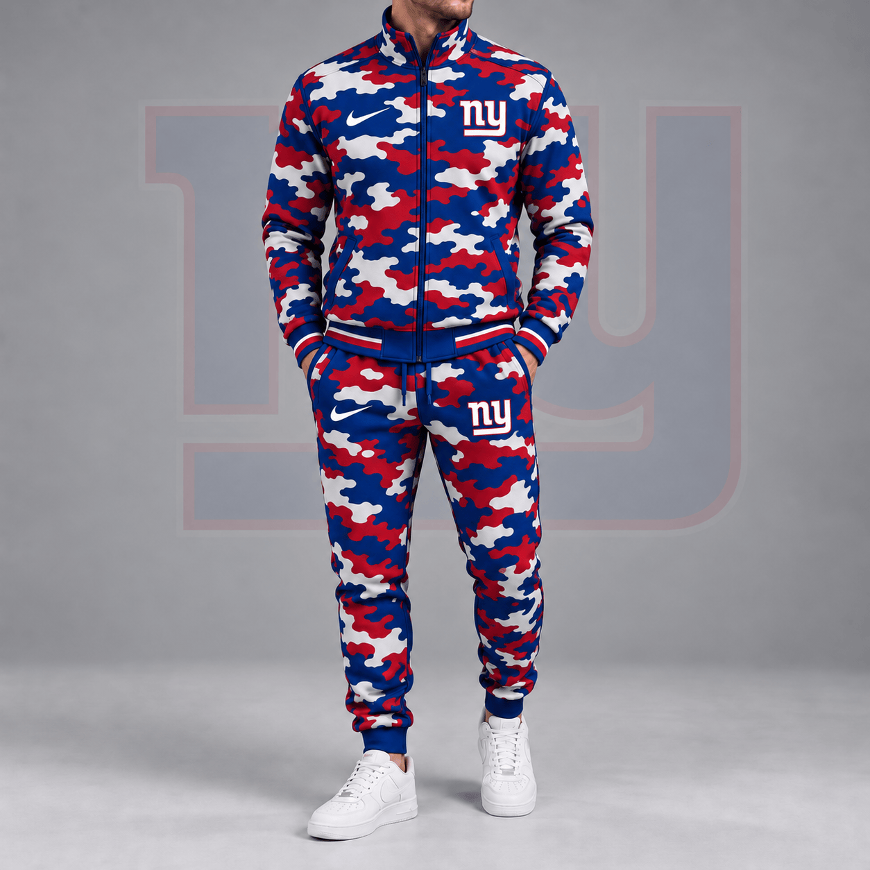 New York Giants | Premium NFL All Over Camo Print Stand Collar Zip Up Jacket & Slim Fit Jogger Pants Tracksuit Set NDN cover