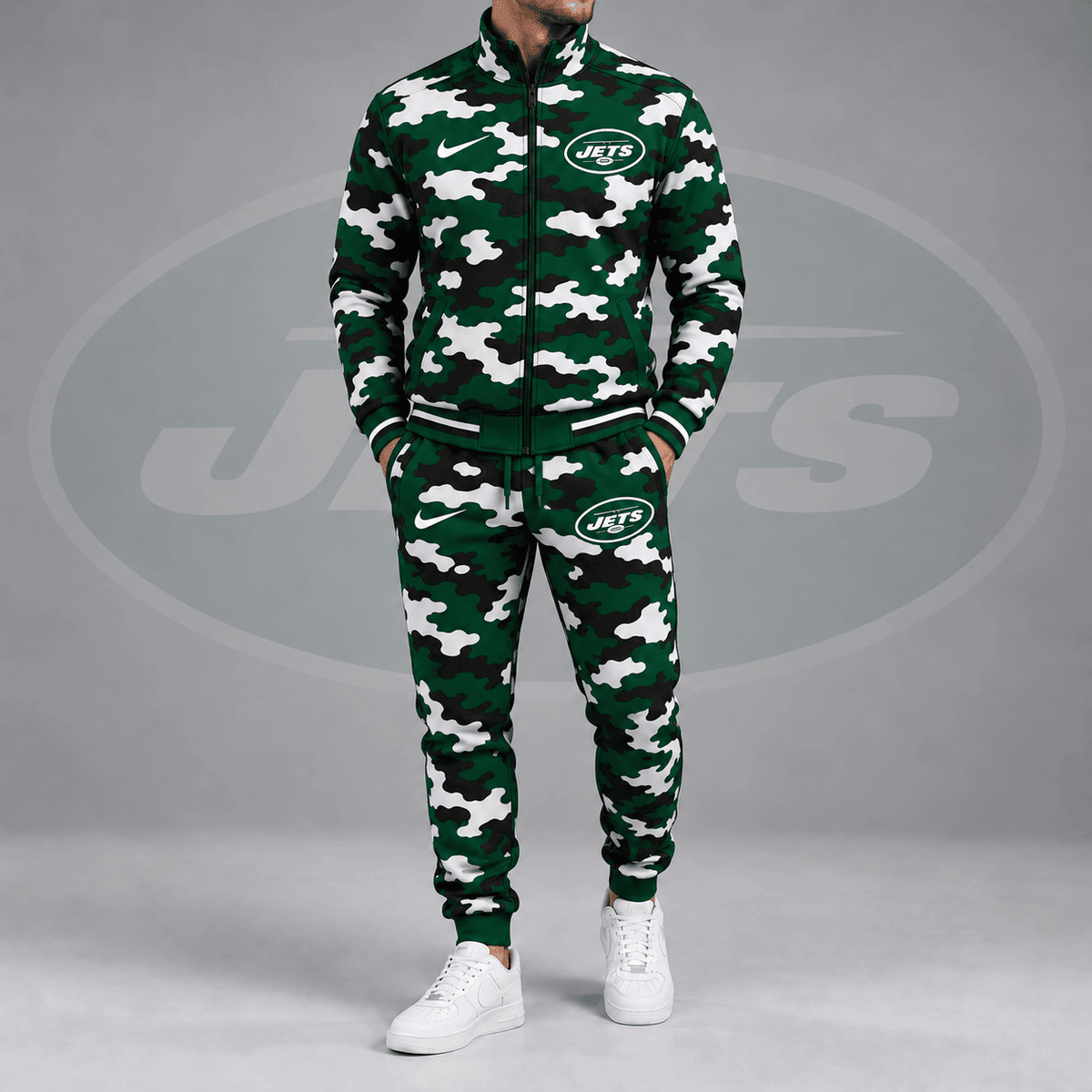 New York Jets | Premium NFL All Over Camo Print Stand Collar Zip Up Jacket & Slim Fit Jogger Pants Tracksuit Set NDN cover