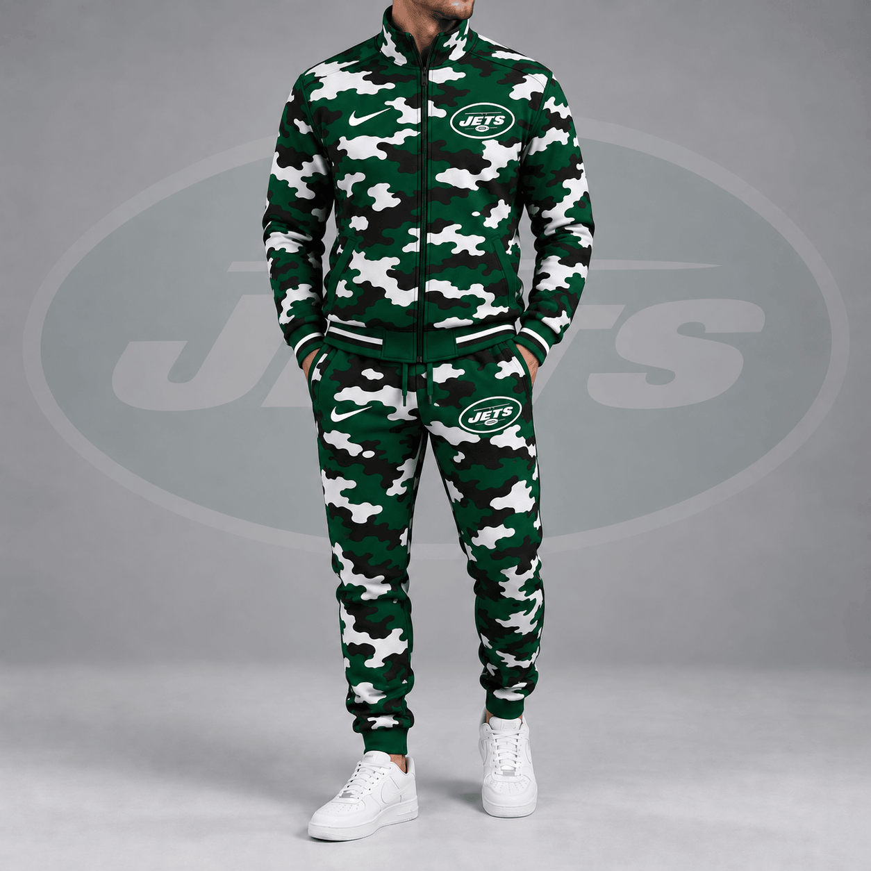 New York Jets | Premium NFL All Over Camo Print Stand Collar Zip Up Jacket & Slim Fit Jogger Pants Tracksuit Set NDN cover