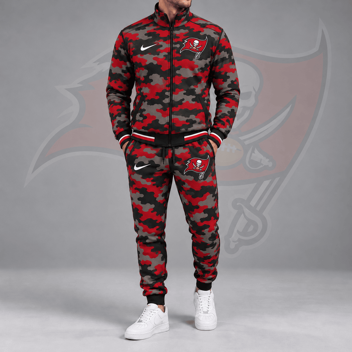 Tampa Bay Buccaneers | Premium NFL All Over Camo Print Stand Collar Zip Up Jacket & Slim Fit Jogger Pants Tracksuit Set NDN cover