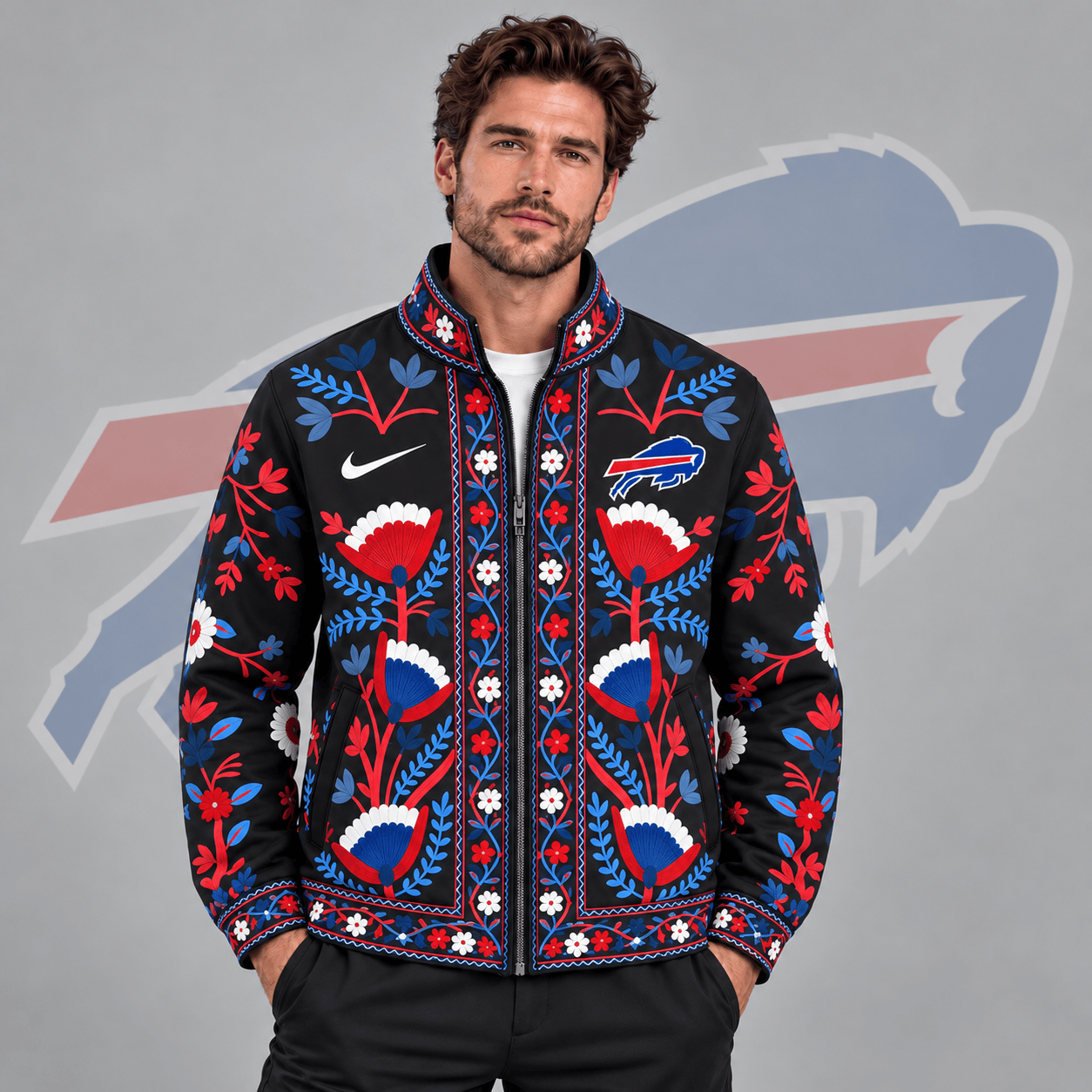 Buffalo Bills | Premium NFL Vintage Folk Art Floral Print Stand Collar Full Zip Jacket NDN cover