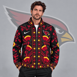 Arizona Cardinals | Premium NFL Vintage Folk Art Floral Print Stand Collar Full Zip Jacket NDN cover