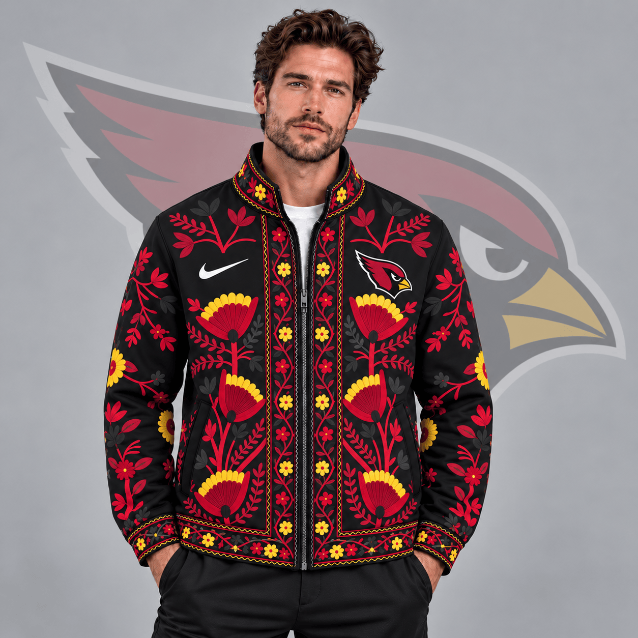 Arizona Cardinals | Premium NFL Vintage Folk Art Floral Print Stand Collar Full Zip Jacket NDN cover