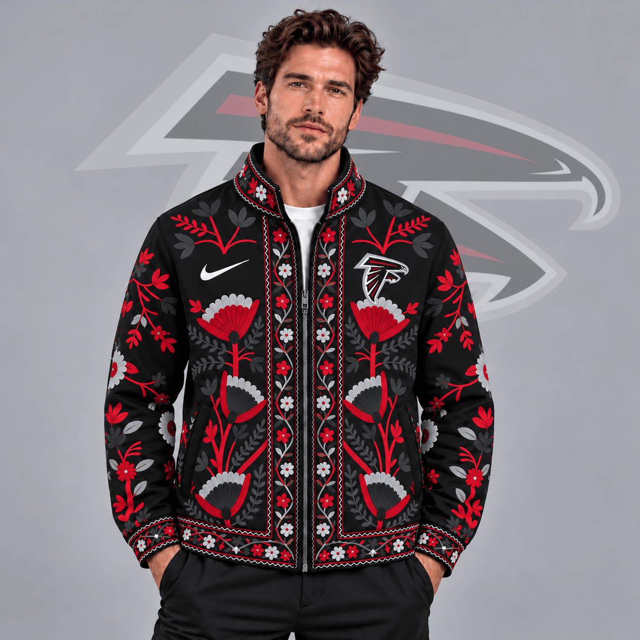 Atlanta Falcons | Premium NFL Vintage Folk Art Floral Print Stand Collar Full Zip Jacket NDN cover