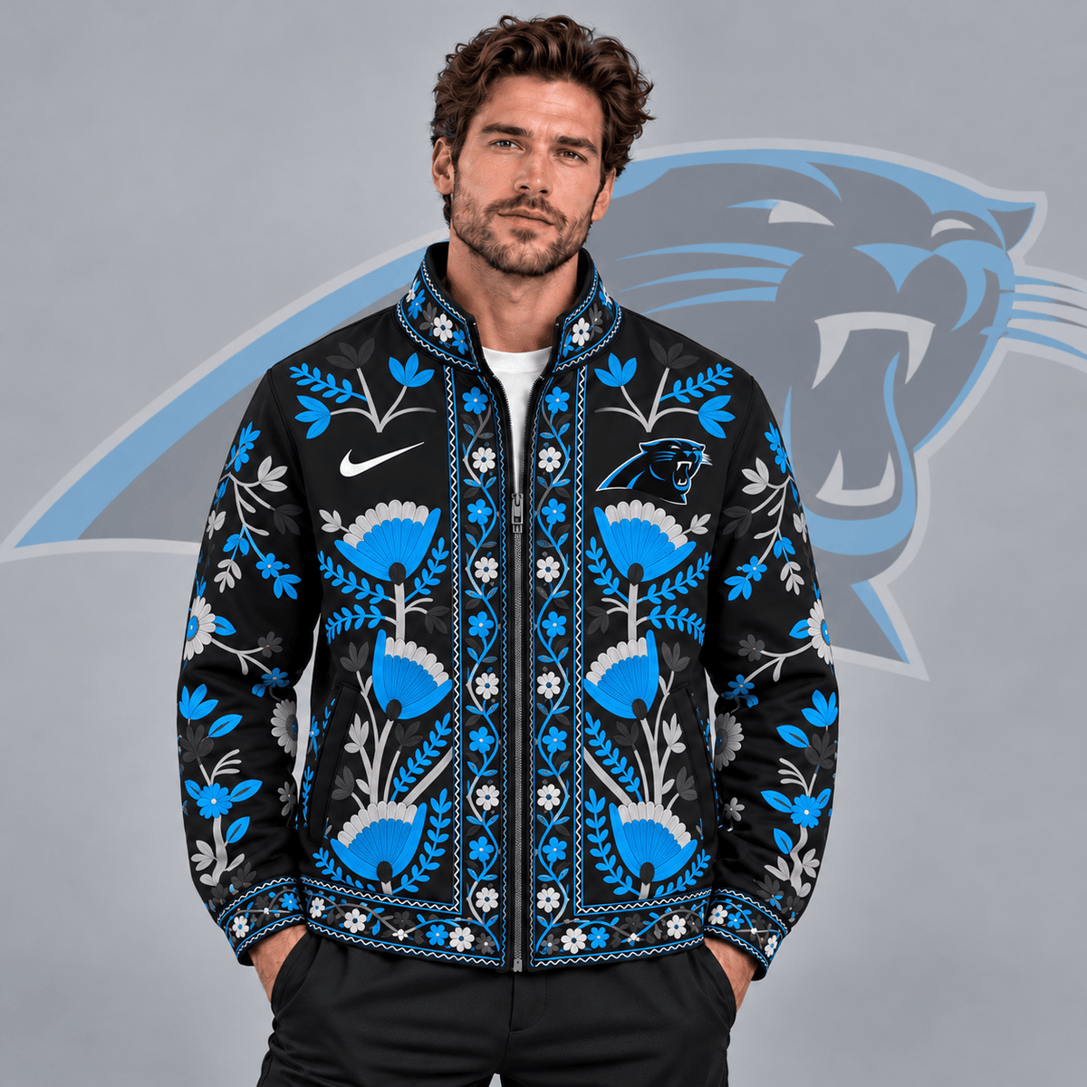 Carolina Panthers | Premium NFL Vintage Folk Art Floral Print Stand Collar Full Zip Jacket NDN cover