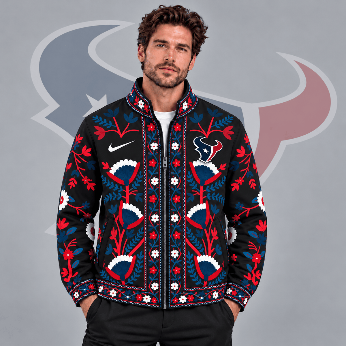 Houston Texans | Premium NFL Vintage Folk Art Floral Print Stand Collar Full Zip Jacket NDN cover
