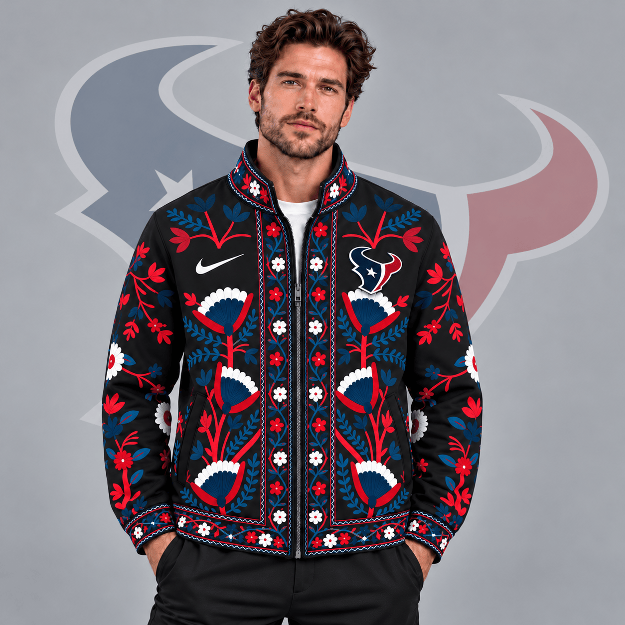 Houston Texans | Premium NFL Vintage Folk Art Floral Print Stand Collar Full Zip Jacket NDN cover