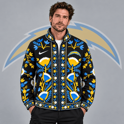 Los Angeles Chargers | Premium NFL Vintage Folk Art Floral Print Stand Collar Full Zip Jacket NDN cover
