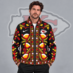 Kansas City Chiefs | Premium NFL Vintage Folk Art Floral Print Stand Collar Full Zip Jacket NDN cover