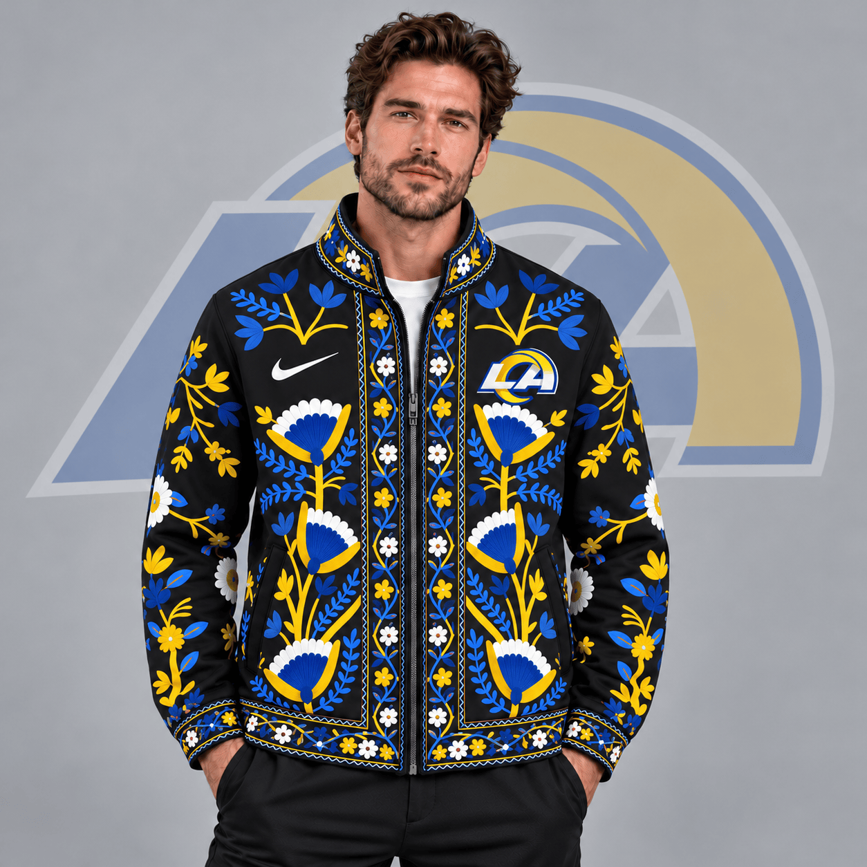 Los Angeles Rams | Premium NFL Vintage Folk Art Floral Print Stand Collar Full Zip Jacket NDN cover