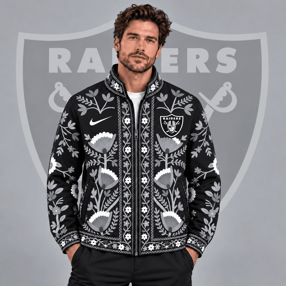 Las Vegas Raiders | Premium NFL Vintage Folk Art Floral Print Stand Collar Full Zip Jacket NDN cover