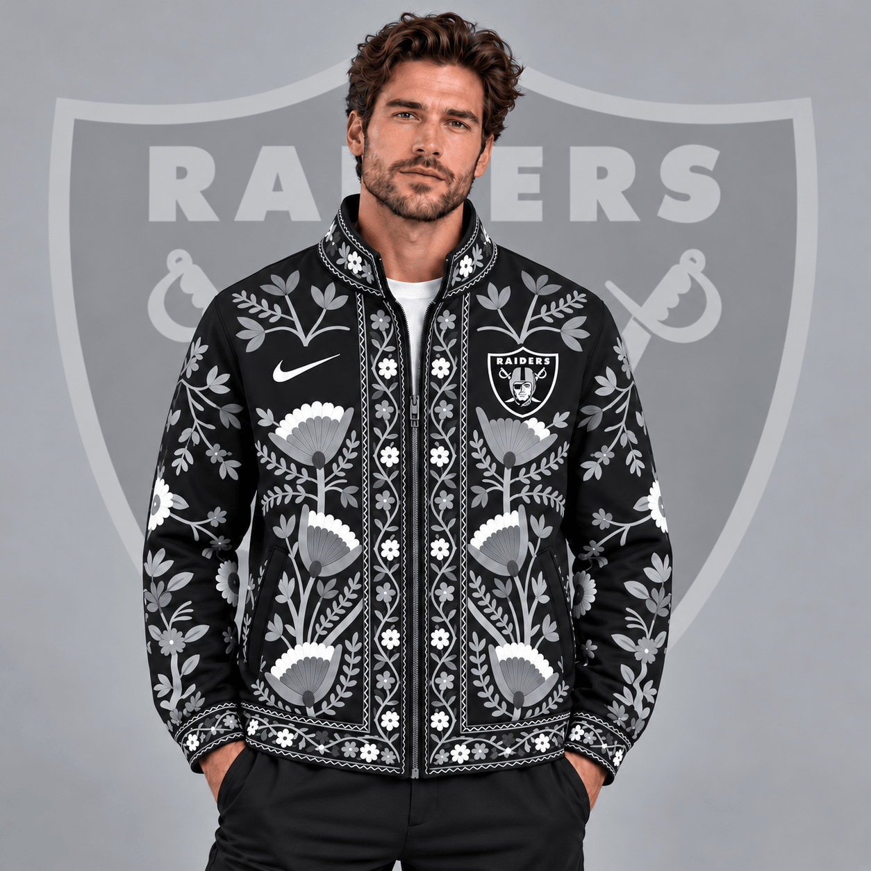 Las Vegas Raiders | Premium NFL Vintage Folk Art Floral Print Stand Collar Full Zip Jacket NDN cover