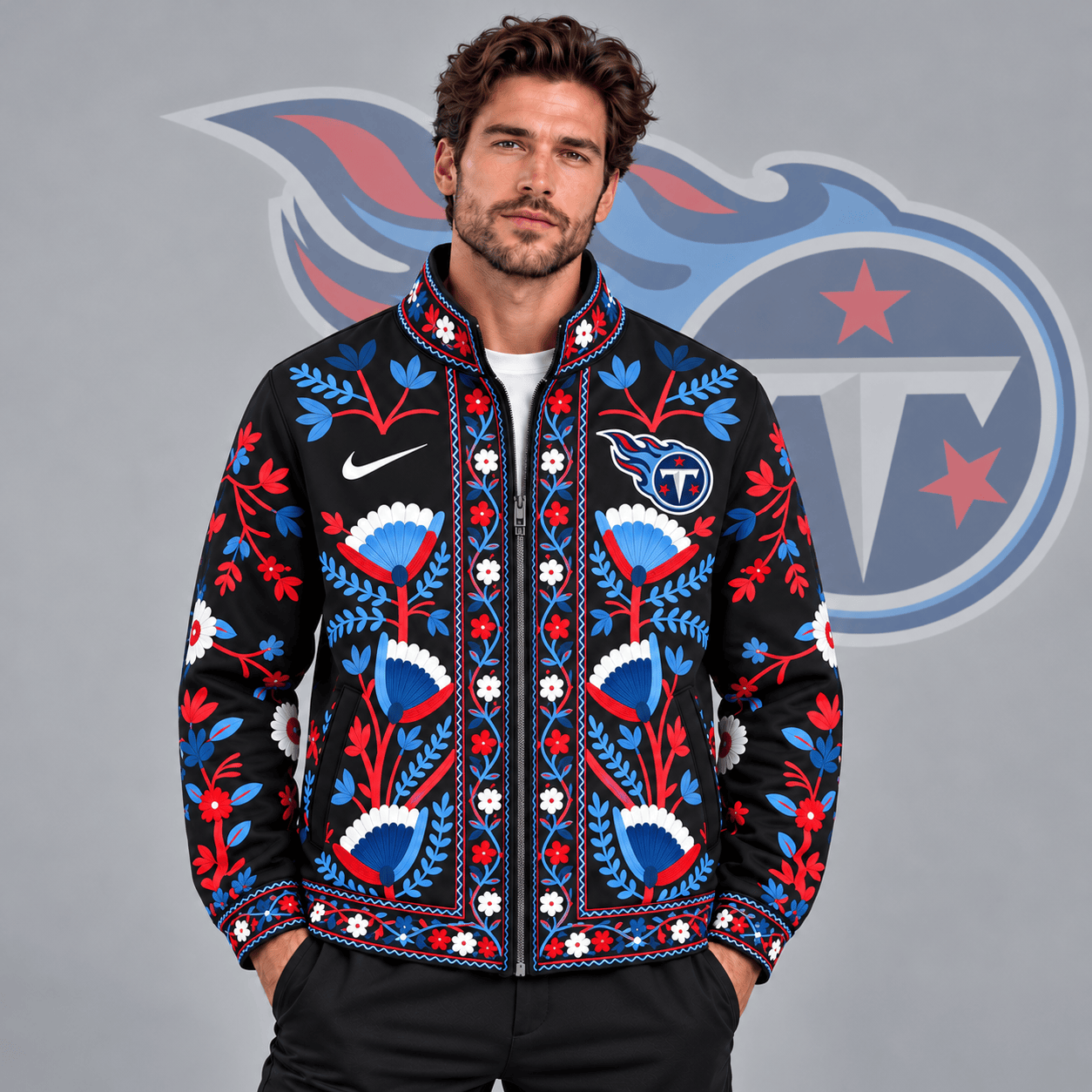 Tennessee Titans | Premium NFL Vintage Folk Art Floral Print Stand Collar Full Zip Jacket NDN cover