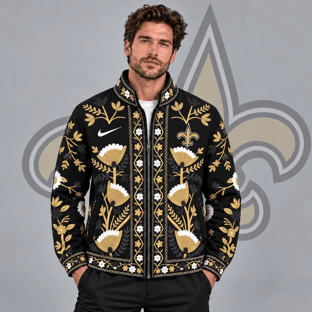 New Orleans Saints | Premium NFL Vintage Folk Art Floral Print Stand Collar Full Zip Jacket NDN cover