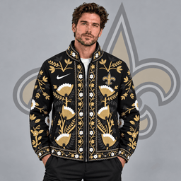 New Orleans Saints | Premium NFL Vintage Folk Art Floral Print Stand Collar Full Zip Jacket NDN cover
