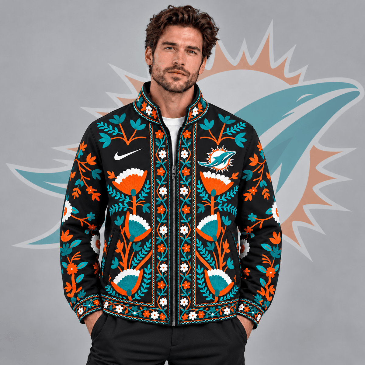 Miami Dolphins | Premium NFL Vintage Folk Art Floral Print Stand Collar Full Zip Jacket NDN cover